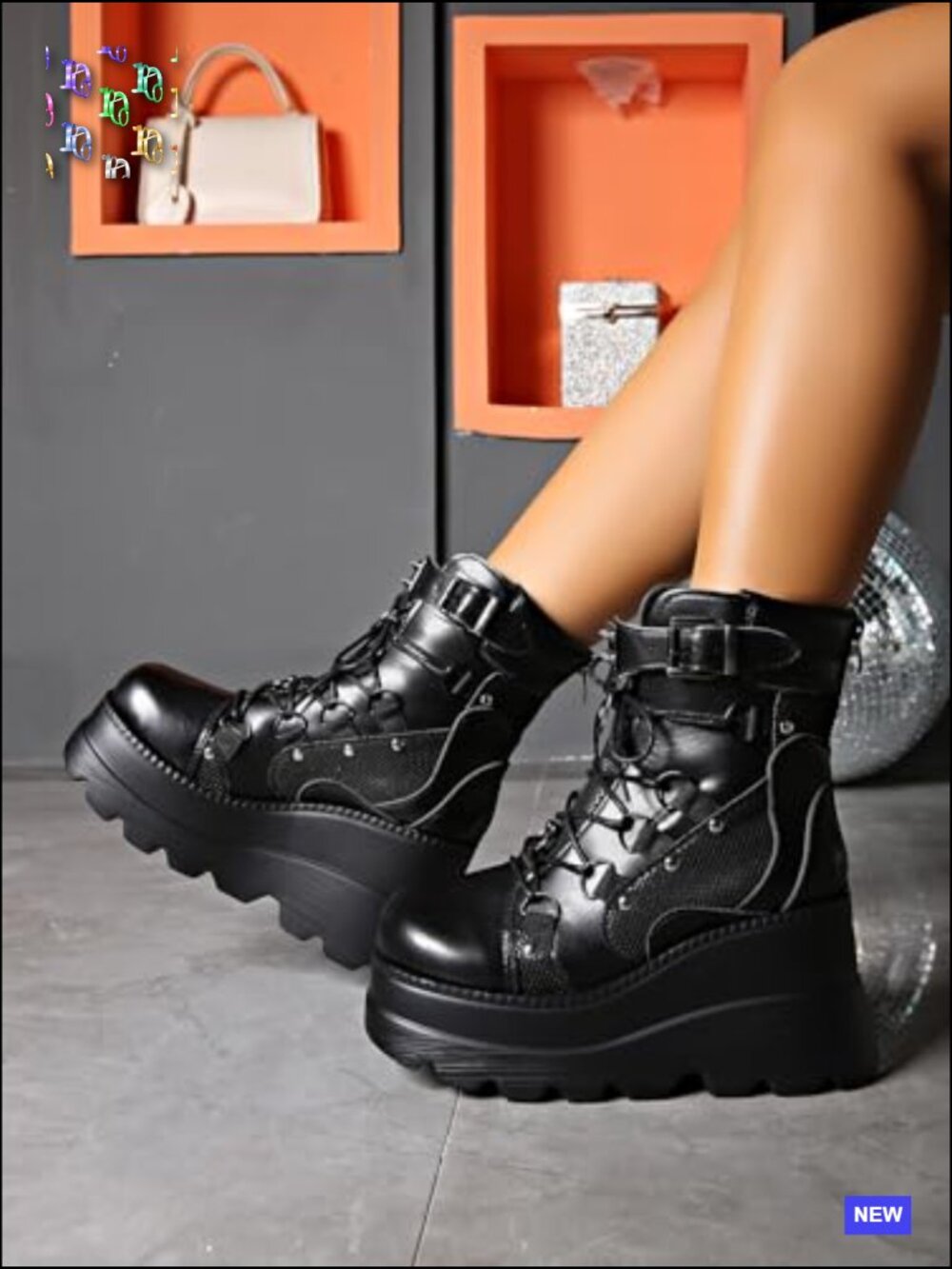 Gothic Platform Combat Boots with Bat Wings Strap Detail Chunky Sole Lace up - Picture 3 of 7